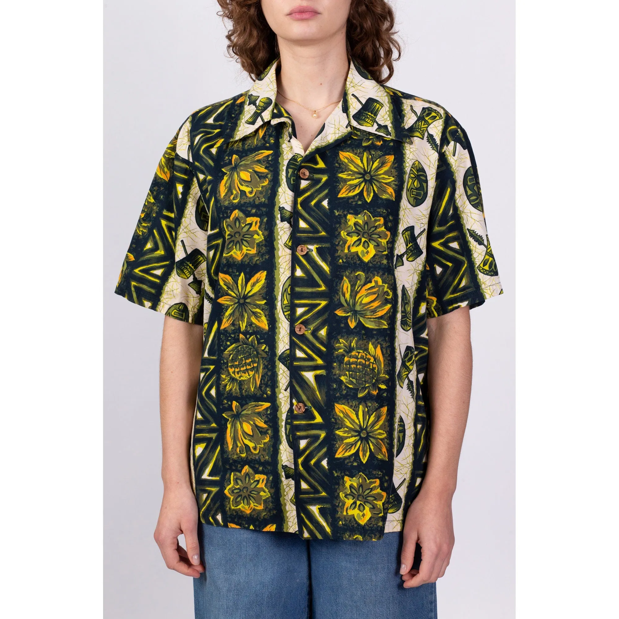 1960s Ui-Maikai Hawaiian Floral Tiki Shirt - Men's Large