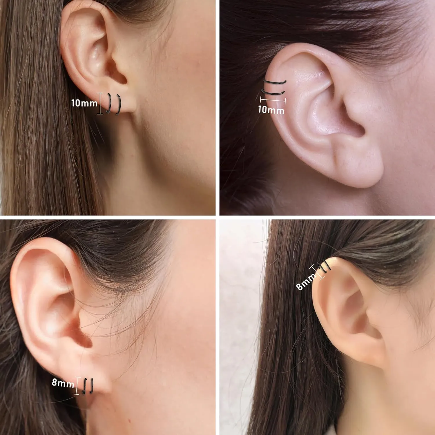 2 Pairs Black Hoop Earrings,Double Black Cartilage Earring for Single Piercing, Huggie Helix Piercing jewelry, Spiral Nose Ring, 316L Surgical Steel Faux Double Tiny Twist Earrings for Women