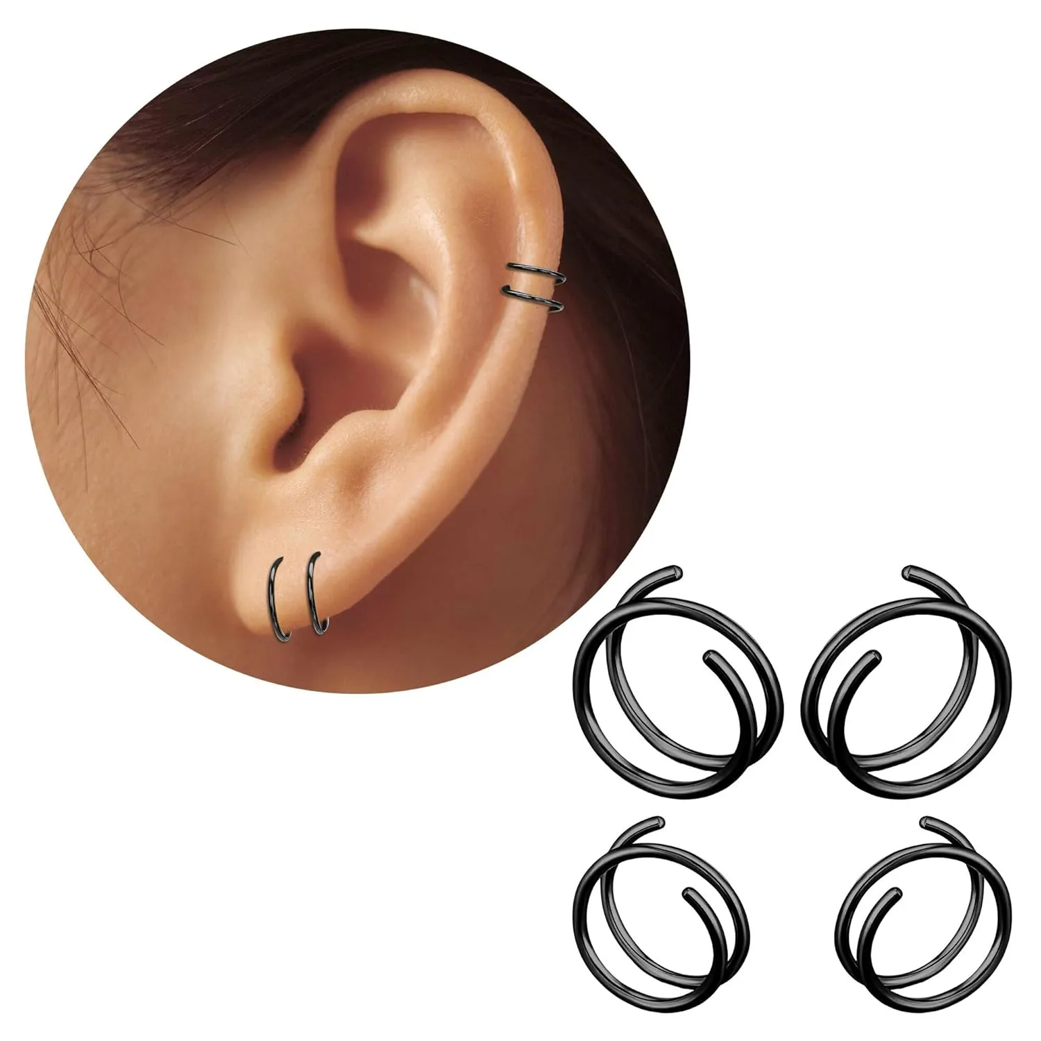2 Pairs Black Hoop Earrings,Double Black Cartilage Earring for Single Piercing, Huggie Helix Piercing jewelry, Spiral Nose Ring, 316L Surgical Steel Faux Double Tiny Twist Earrings for Women