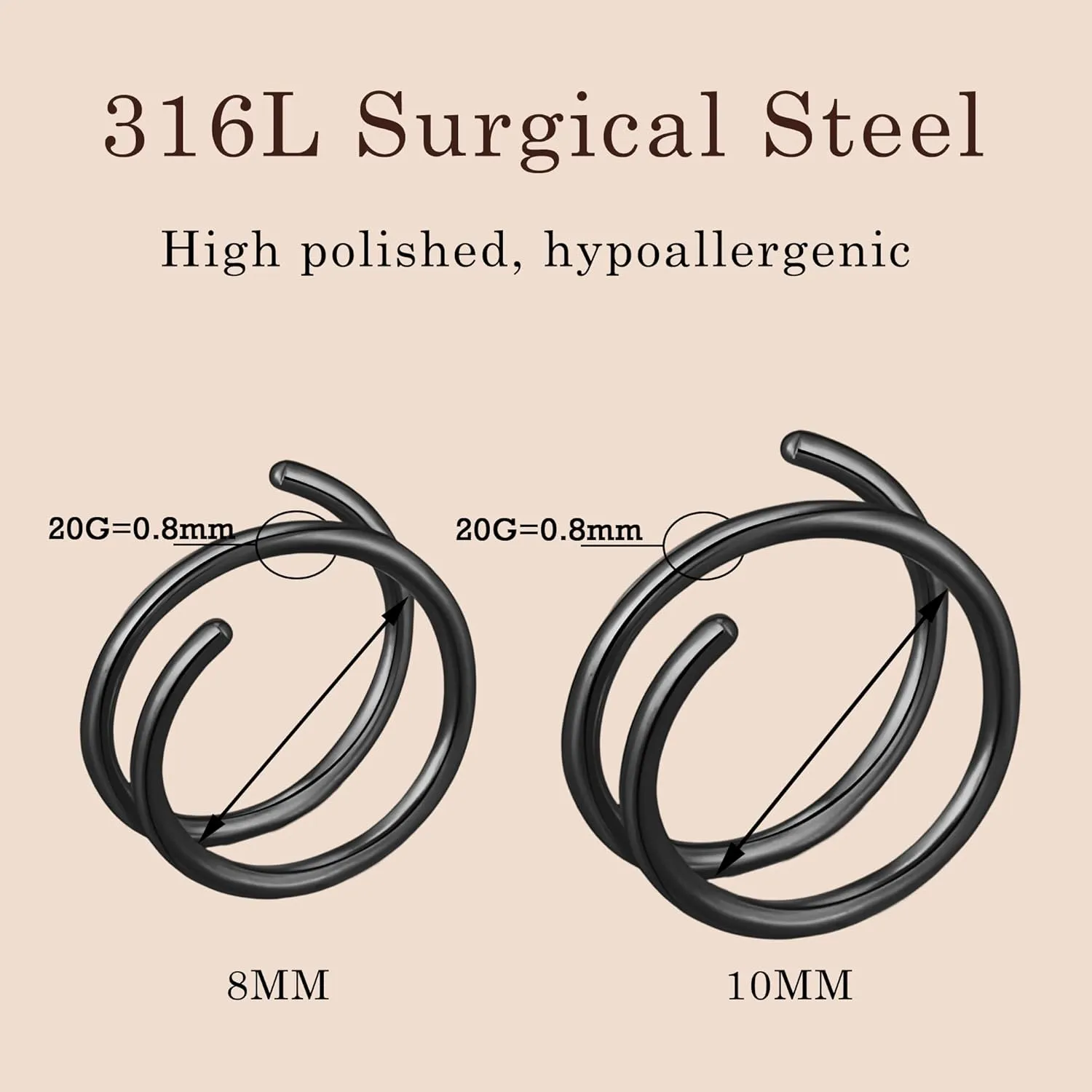 2 Pairs Black Hoop Earrings,Double Black Cartilage Earring for Single Piercing, Huggie Helix Piercing jewelry, Spiral Nose Ring, 316L Surgical Steel Faux Double Tiny Twist Earrings for Women