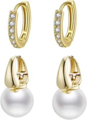 2 Pairs Gold Pearl Drop Earrings Set | 14k Gold Plated Bow Studs Pearl Dangle Reversible CZ Huggie Hoop Earrings For Women | Elegant Hypoallergenic Pearl Earrings Trendy Wedding Jewelry Gift For Women