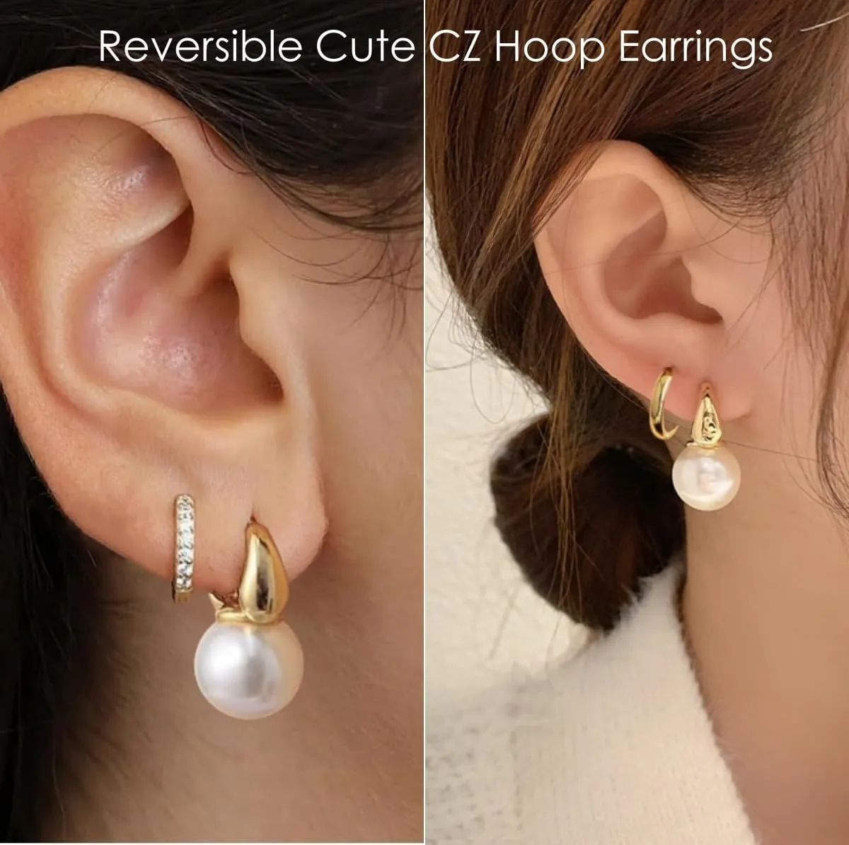 2 Pairs Gold Pearl Drop Earrings Set | 14k Gold Plated Bow Studs Pearl Dangle Reversible CZ Huggie Hoop Earrings For Women | Elegant Hypoallergenic Pearl Earrings Trendy Wedding Jewelry Gift For Women