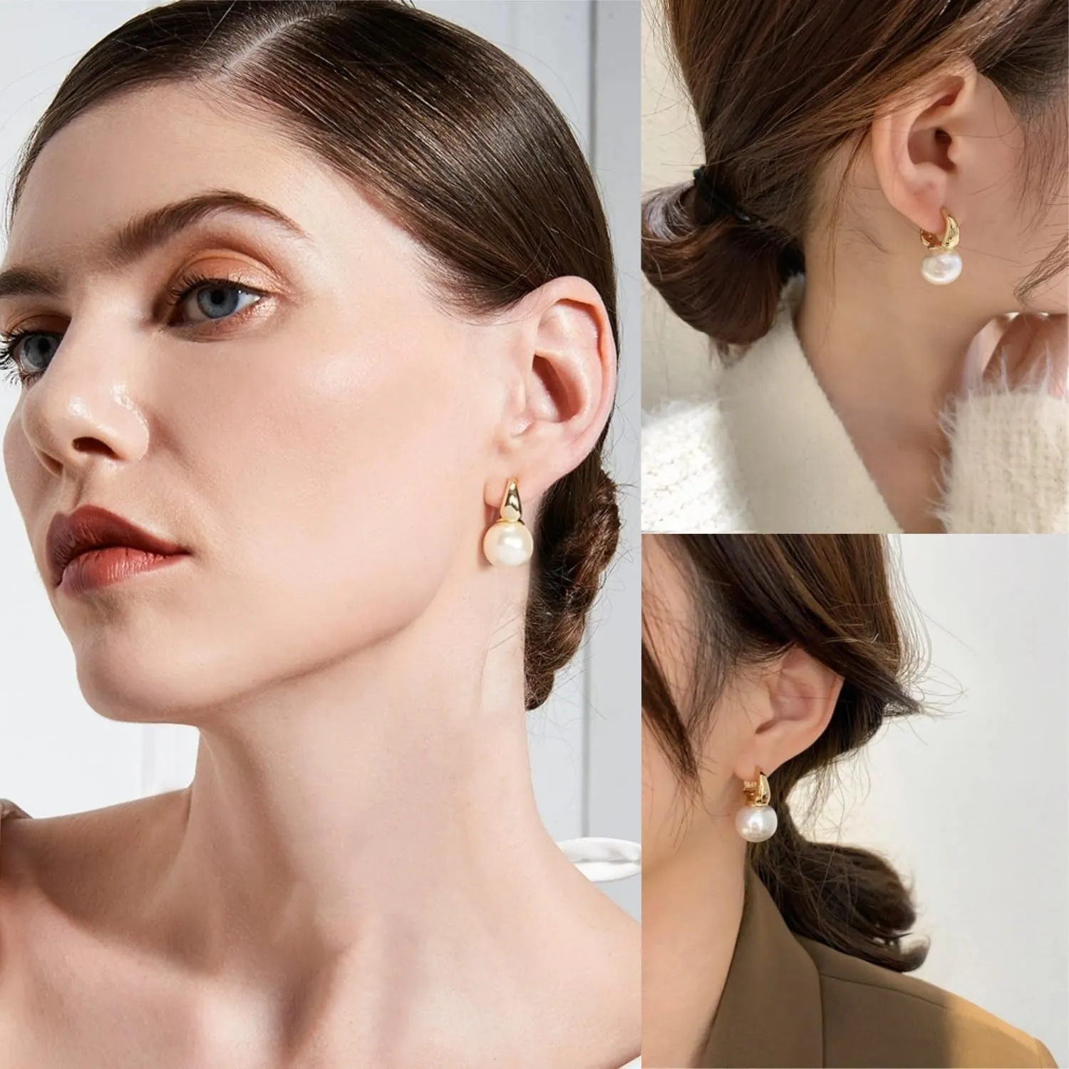 2 Pairs Gold Pearl Drop Earrings Set | 14k Gold Plated Bow Studs Pearl Dangle Reversible CZ Huggie Hoop Earrings For Women | Elegant Hypoallergenic Pearl Earrings Trendy Wedding Jewelry Gift For Women