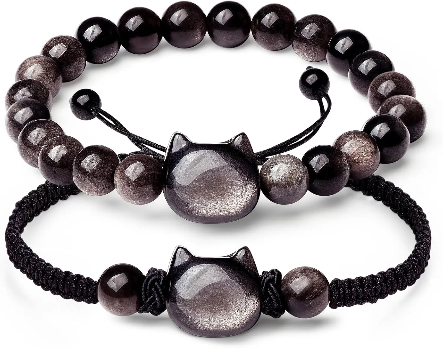 2 Pcs Cat Black Obsidian Bracelet Set Money Wealth Mood Beaded Bracelet Rope Bracelets for Men Women Stretch Bracelet Good Luck Feng Shui Bracelets Gifts Jewelry for Boyfriend Husband Father