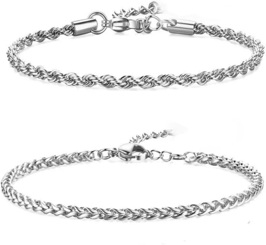 2 Pcs Chain Bracelet 925 Sterling Silver Bracelet for Men 7-9inch Figaro Rope Cuban Link Bracelet Set for Men Husband