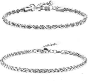 2 Pcs Chain Bracelet 925 Sterling Silver Bracelet for Men 7-9inch Figaro Rope Cuban Link Bracelet Set for Men Husband