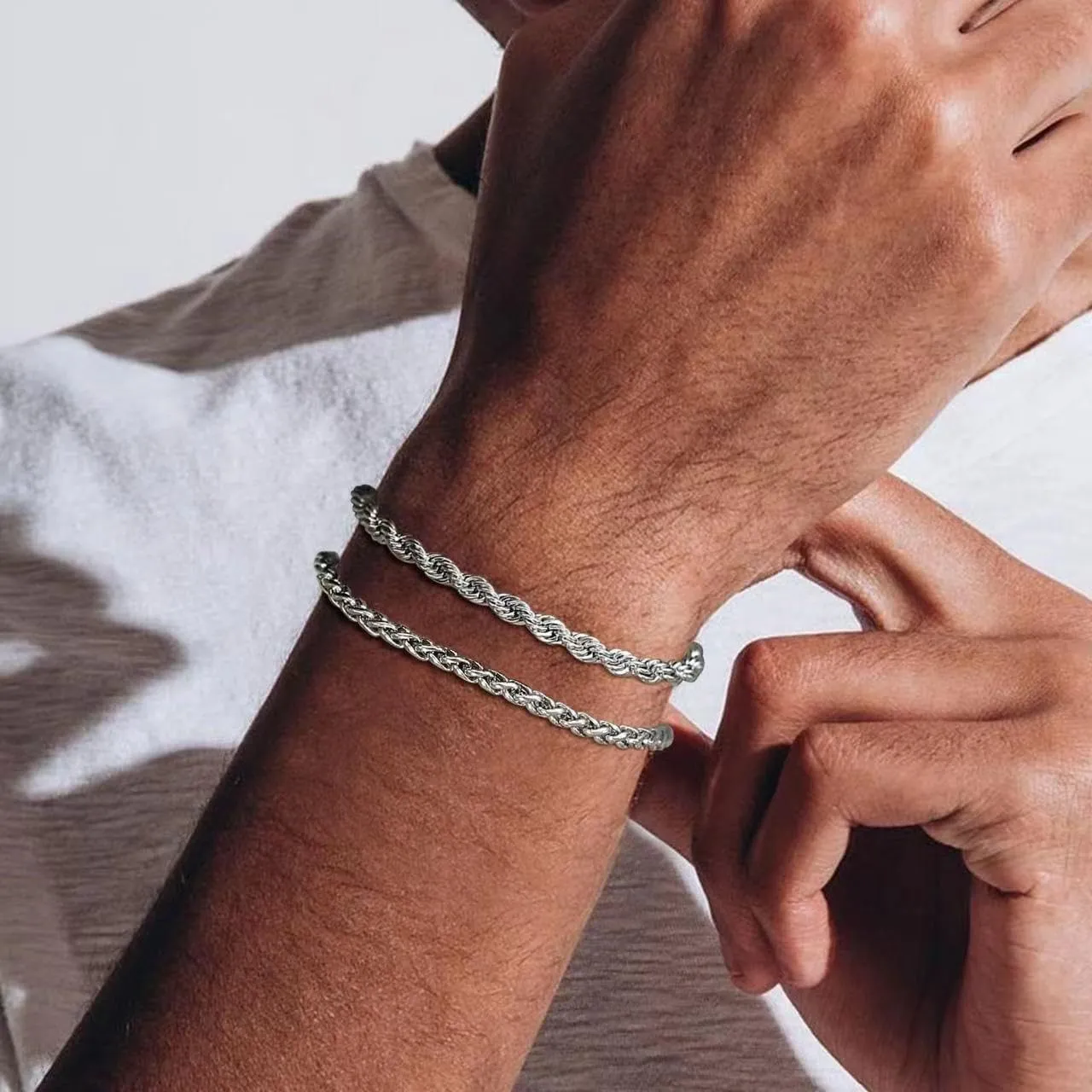 2 Pcs Chain Bracelet 925 Sterling Silver Bracelet for Men 7-9inch Figaro Rope Cuban Link Bracelet Set for Men Husband