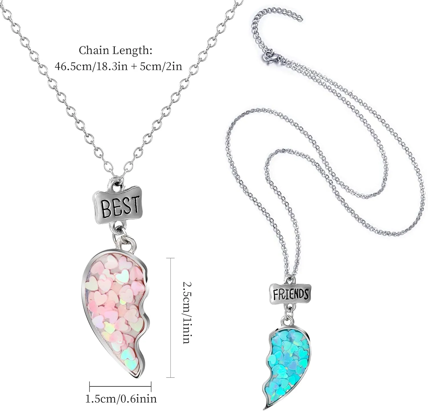 2 Pieces Half Heart BFF Necklace, Friendship Necklaces Best Friends Forever Rainbow Colored Mermaid Tail Pendant Friendship Gifts for Girls Women