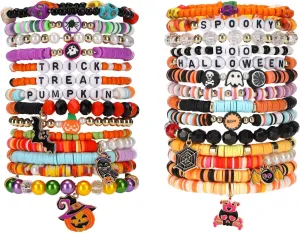 28pcs Halloween Bracelets Set Friendship Clay Preppy Heishi Boo Skull Charm Beads Stackable Bracelet Surfer Ghost Pumpkin Stretch for Women Accessories Jewelry Gift