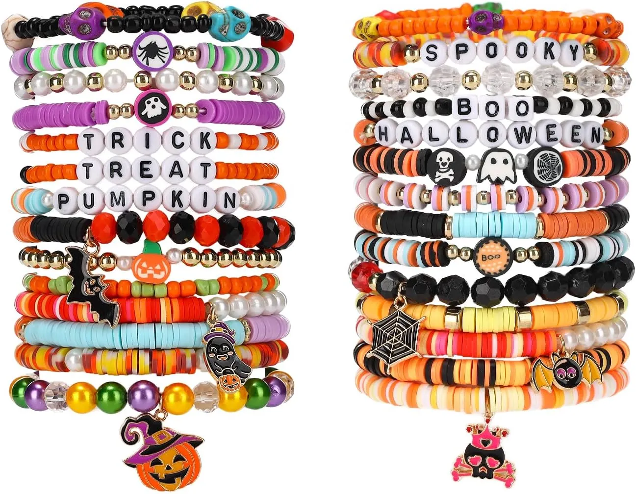 28pcs Halloween Bracelets Set Friendship Clay Preppy Heishi Boo Skull Charm Beads Stackable Bracelet Surfer Ghost Pumpkin Stretch for Women Accessories Jewelry Gift