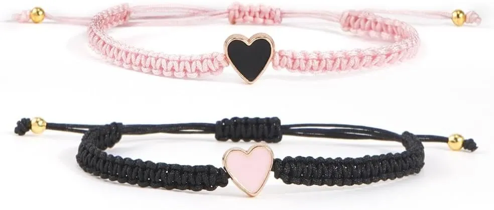 2PCS Handmade Heart Couple Bracelets Black&Pink Braided Rope Bangle For Lover Friendship Jewelry,Adjustable