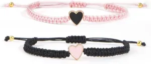2PCS Handmade Heart Couple Bracelets Black&Pink Braided Rope Bangle For Lover Friendship Jewelry,Adjustable