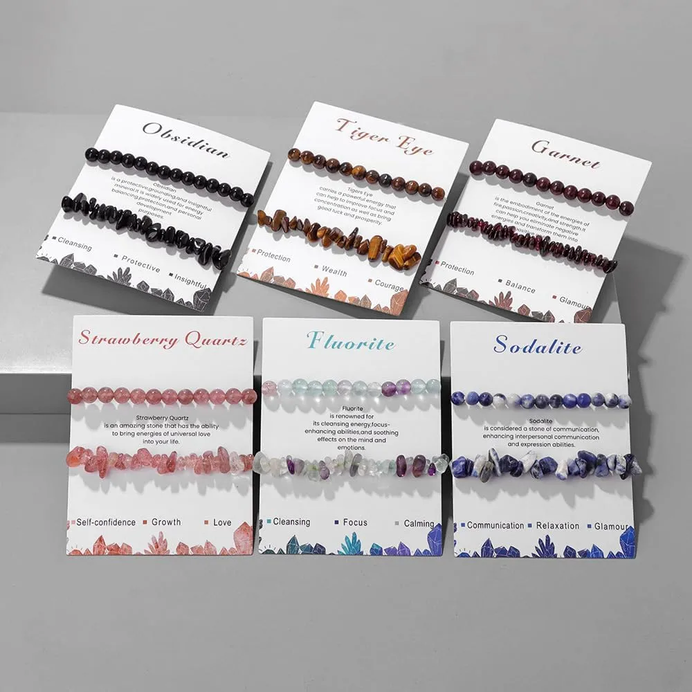 2PCS Healing Crystal Stone Bracelets for Women Men Irregular Chip Amethyst Pink Black Obsidian Tiger Eye Stretch Bracelet Chakra Beaded Gemstone Bracelet Spiritual Yoga Jewelry
