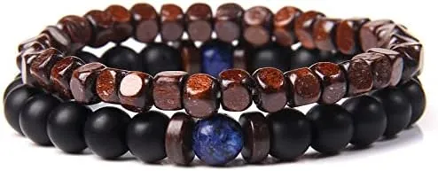 2pcs/set Men Bracelet Wood Beads Cross Pendant 7 Healing Balance Lava Bracelet for Women Prayer Buddha Jewelry Gifts (Metal Color: 8mm matte onyx - Length: 23CM)