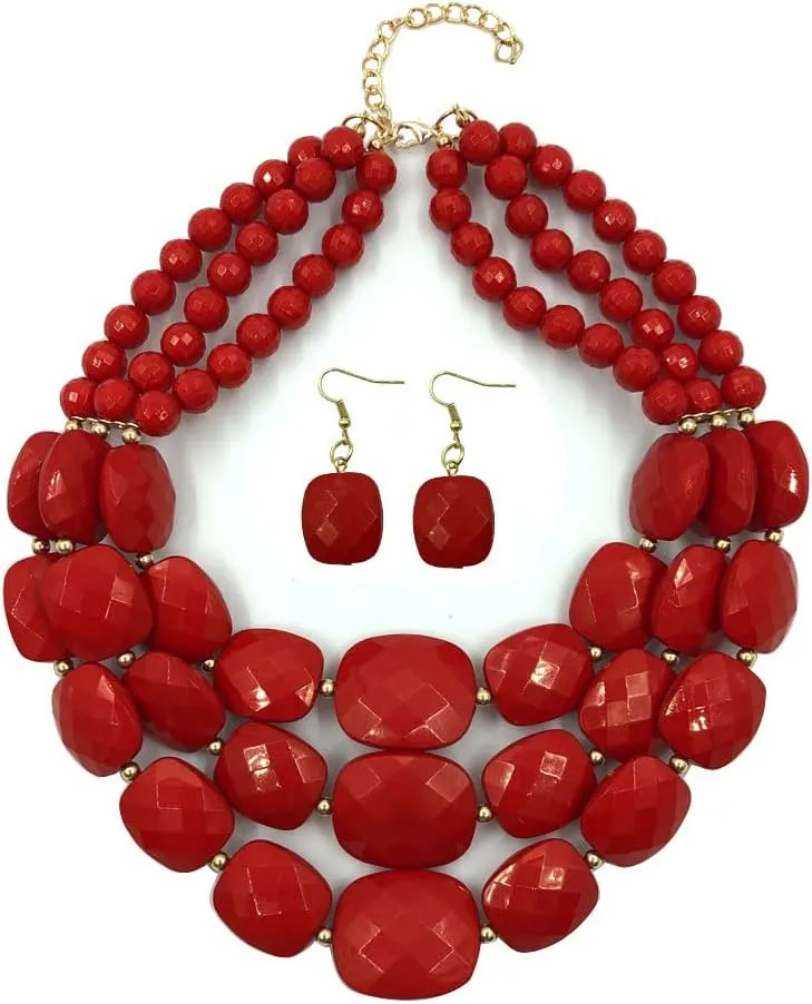 3 Layered Beaded Statement Necklaces for Women Handmade Acrylic Red Bead Necklace Boho Chunky Necklace Costume Jewelry