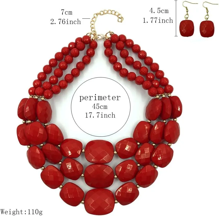 3 Layered Beaded Statement Necklaces for Women Handmade Acrylic Red Bead Necklace Boho Chunky Necklace Costume Jewelry