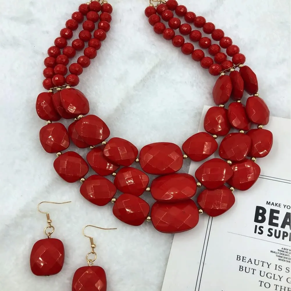 3 Layered Beaded Statement Necklaces for Women Handmade Acrylic Red Bead Necklace Boho Chunky Necklace Costume Jewelry