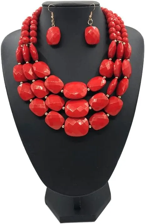3 Layered Beaded Statement Necklaces for Women Handmade Acrylic Red Bead Necklace Boho Chunky Necklace Costume Jewelry