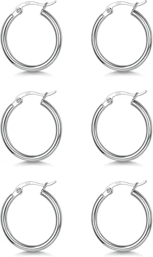 3 Pairs 925 Sterling Silver Hoop Earrings | Small White Gold Plated Hoop Earrings for Women (13mm,15mm,20mm25mm,30mm,40mm,50mm,60mm)