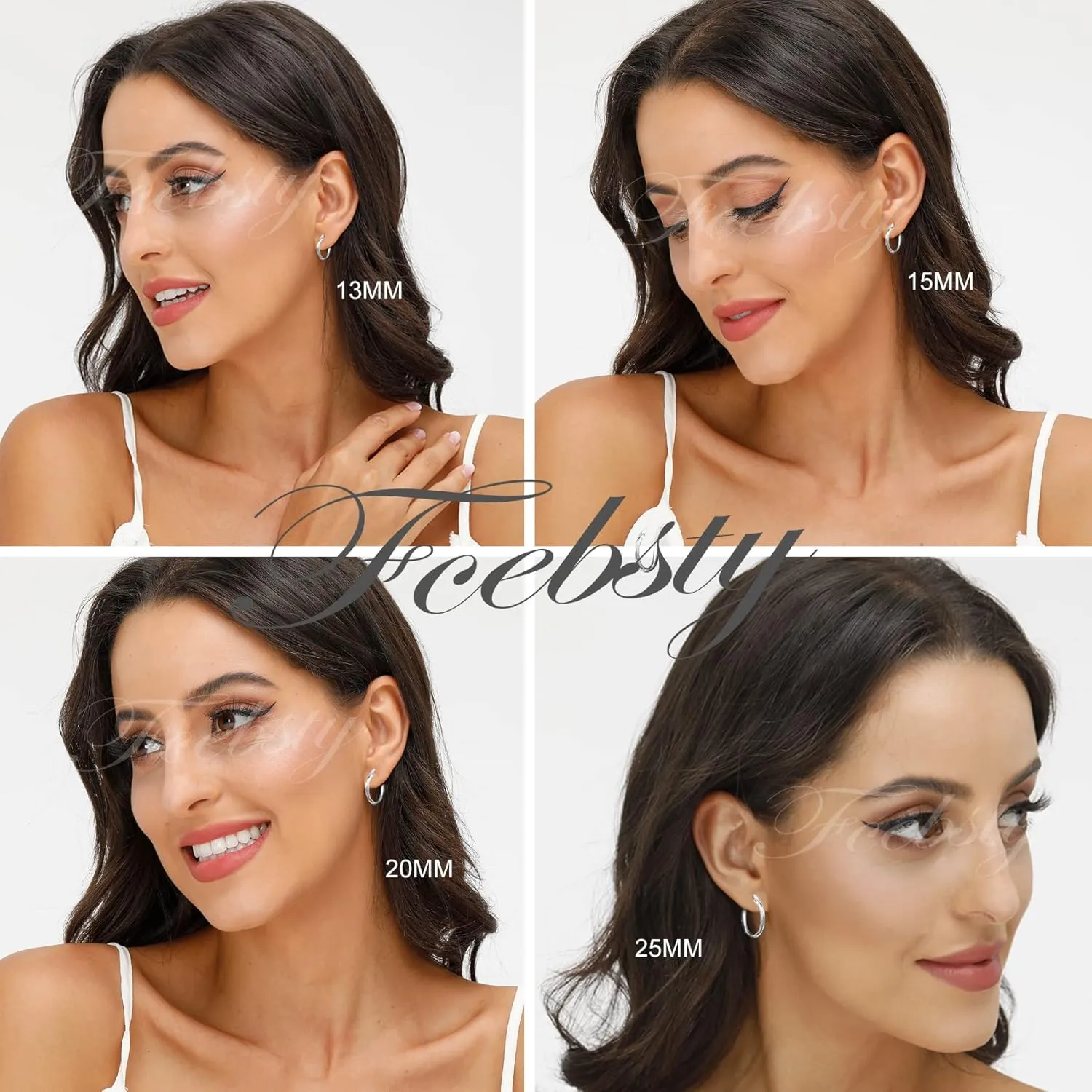 3 Pairs 925 Sterling Silver Hoop Earrings | Small White Gold Plated Hoop Earrings for Women (13mm,15mm,20mm25mm,30mm,40mm,50mm,60mm)