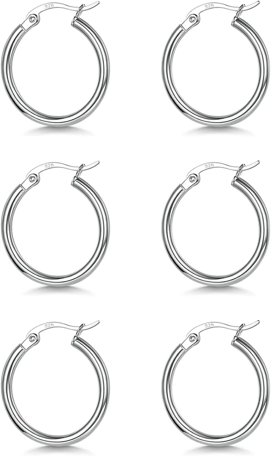 3 Pairs 925 Sterling Silver Hoop Earrings | Small White Gold Plated Hoop Earrings for Women (13mm,15mm,20mm25mm,30mm,40mm,50mm,60mm)