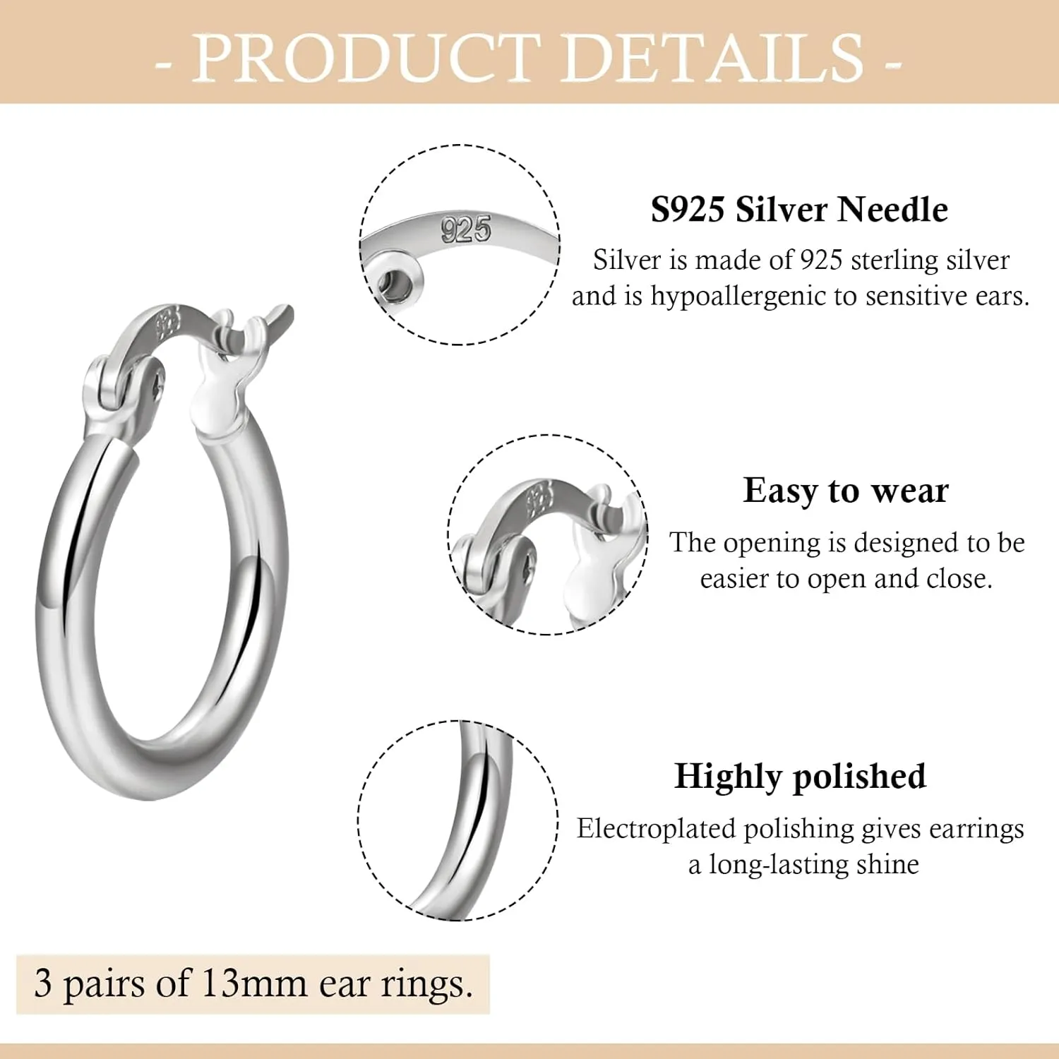 3 Pairs 925 Sterling Silver Hoop Earrings | Small White Gold Plated Hoop Earrings for Women (13mm,15mm,20mm25mm,30mm,40mm,50mm,60mm)