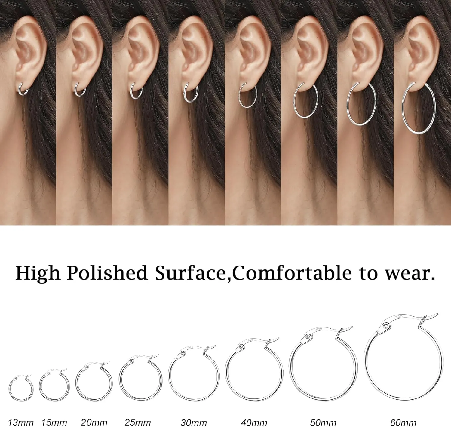 3 Pairs 925 Sterling Silver Hoop Earrings | Small White Gold Plated Hoop Earrings for Women (13mm,15mm,20mm25mm,30mm,40mm,50mm,60mm)