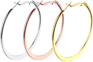 3 Pairs Big Flattened Hoop Earrings for Women, Hypoallergenic Stainless Steel Lightweghit Hoops in 14K Gold Plated/Rose Gold Plated/Silver for Women
