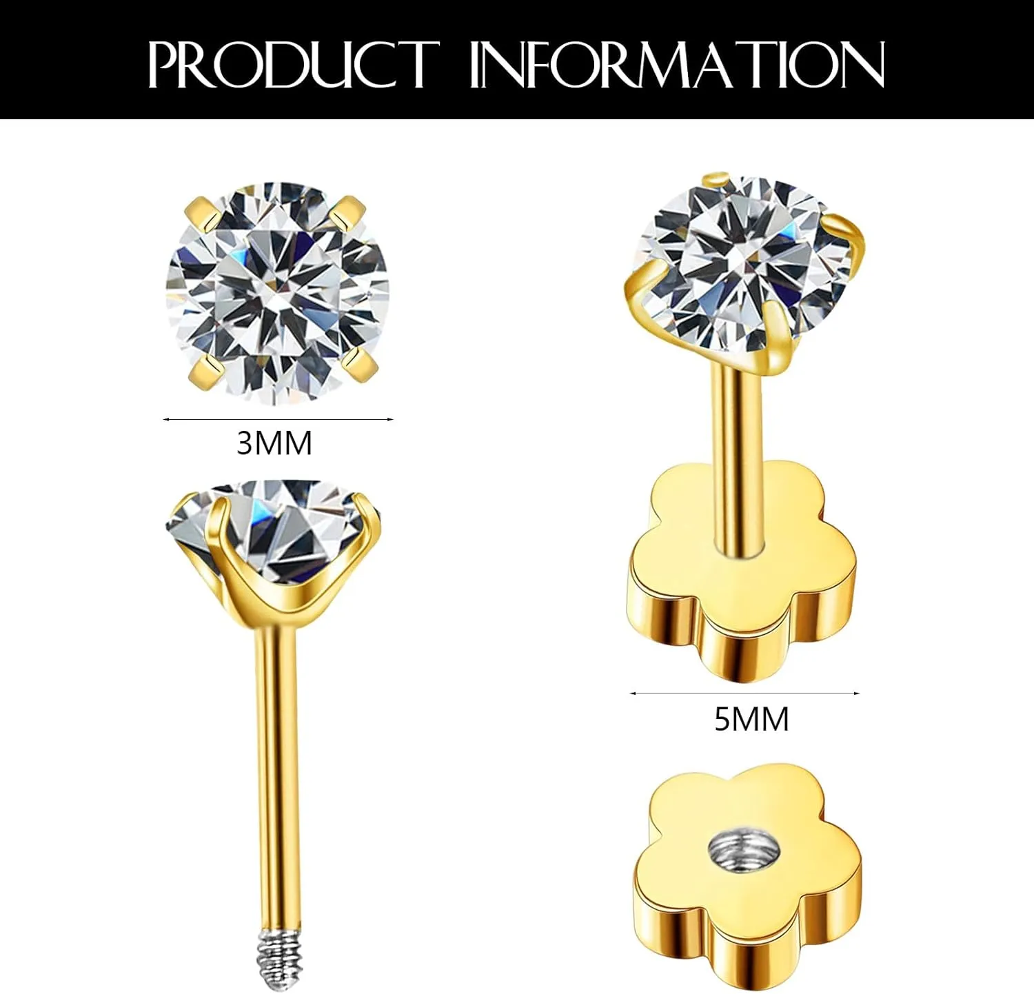3mm G23 Flower Flat Back Earrings Hypoallergenic Screw Back Stud Earrings Cubic Zirconia Earrings Helix Cartilage Earrings for Women