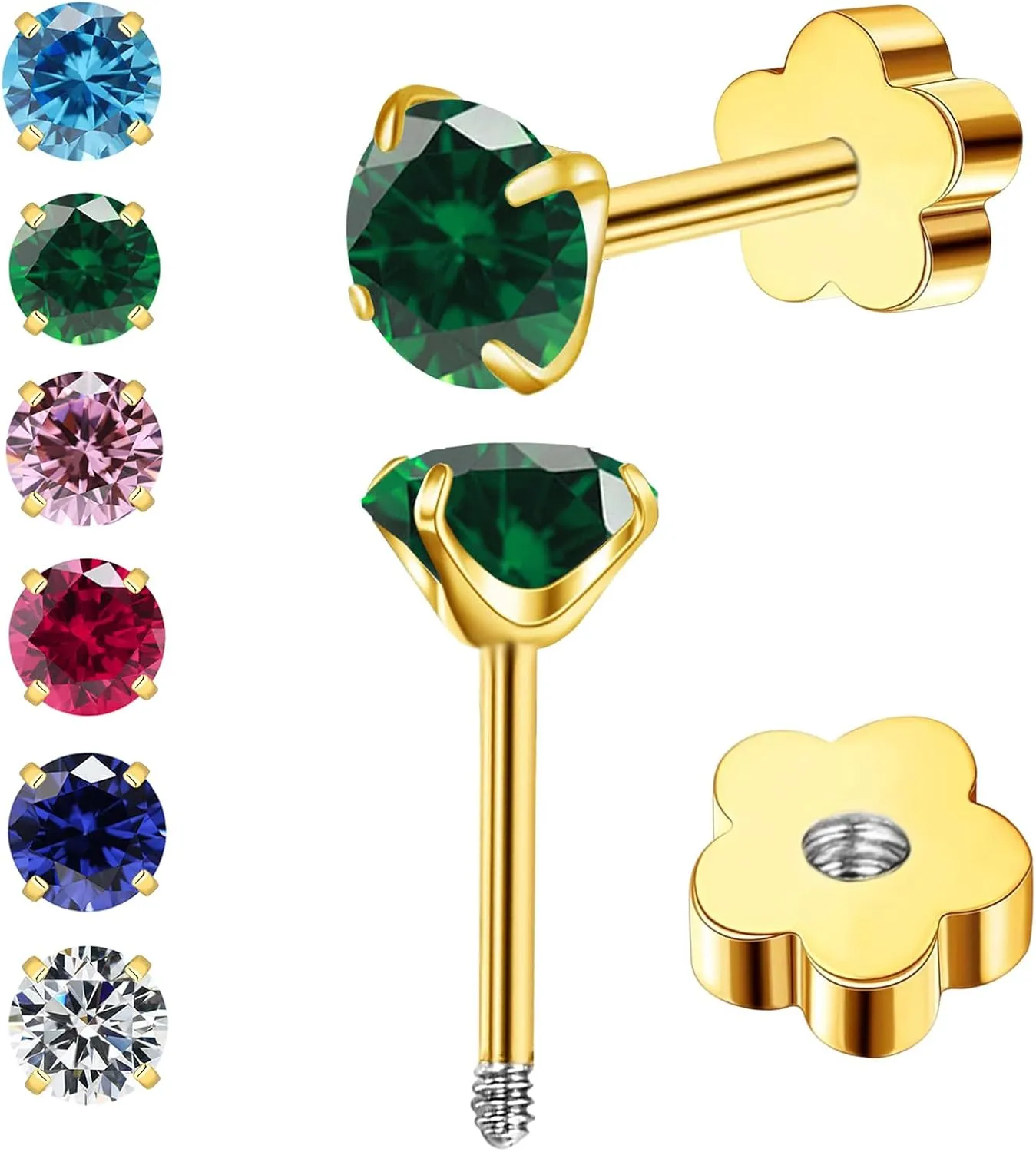 3mm G23 Flower Flat Back Earrings Hypoallergenic Screw Back Stud Earrings Cubic Zirconia Earrings Helix Cartilage Earrings for Women