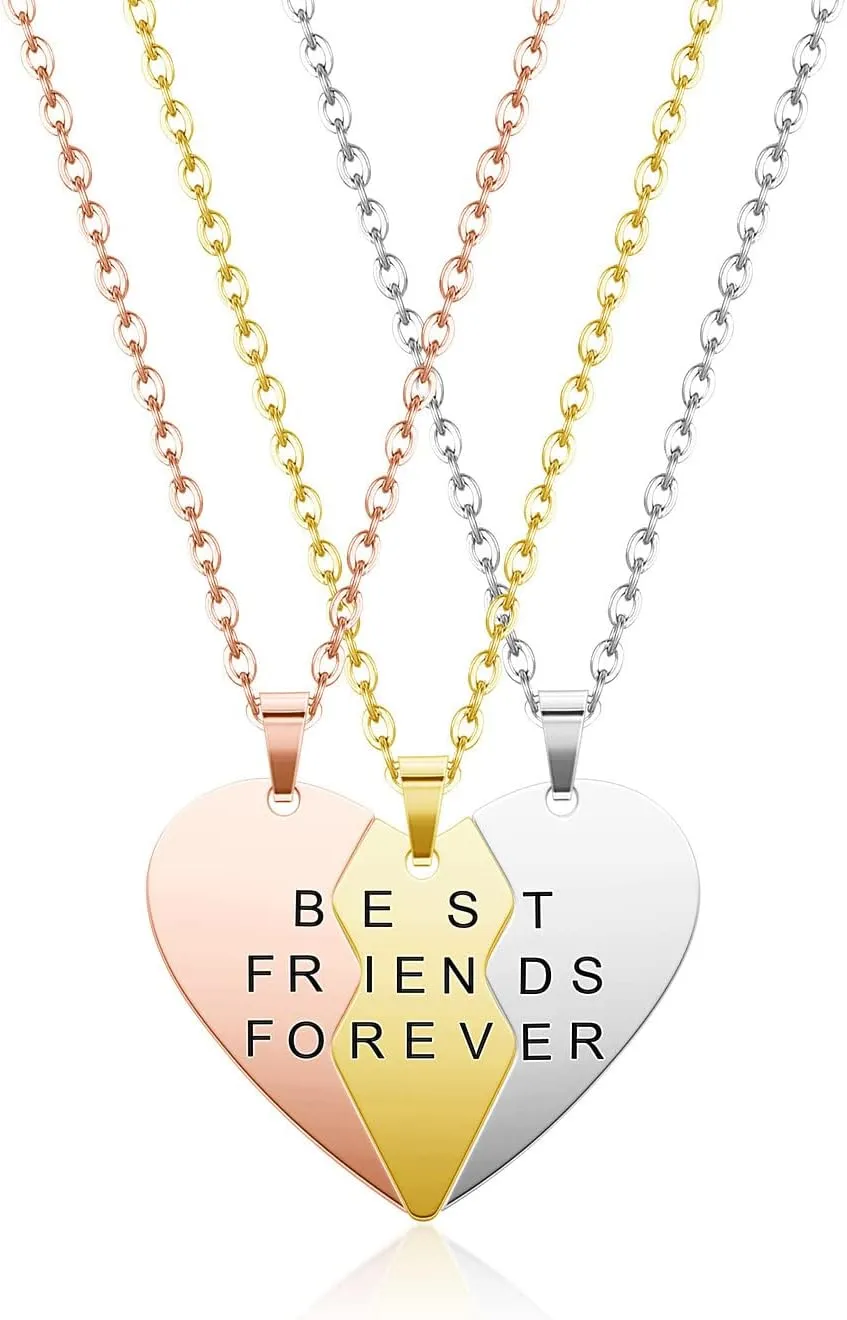 3pcs Personalized Best Friends Forever BFF Necklace Stainless Steel Engraved Puzzle Heart Friendship Pendant Custom Name Matching Heart Necklaces Gift Set