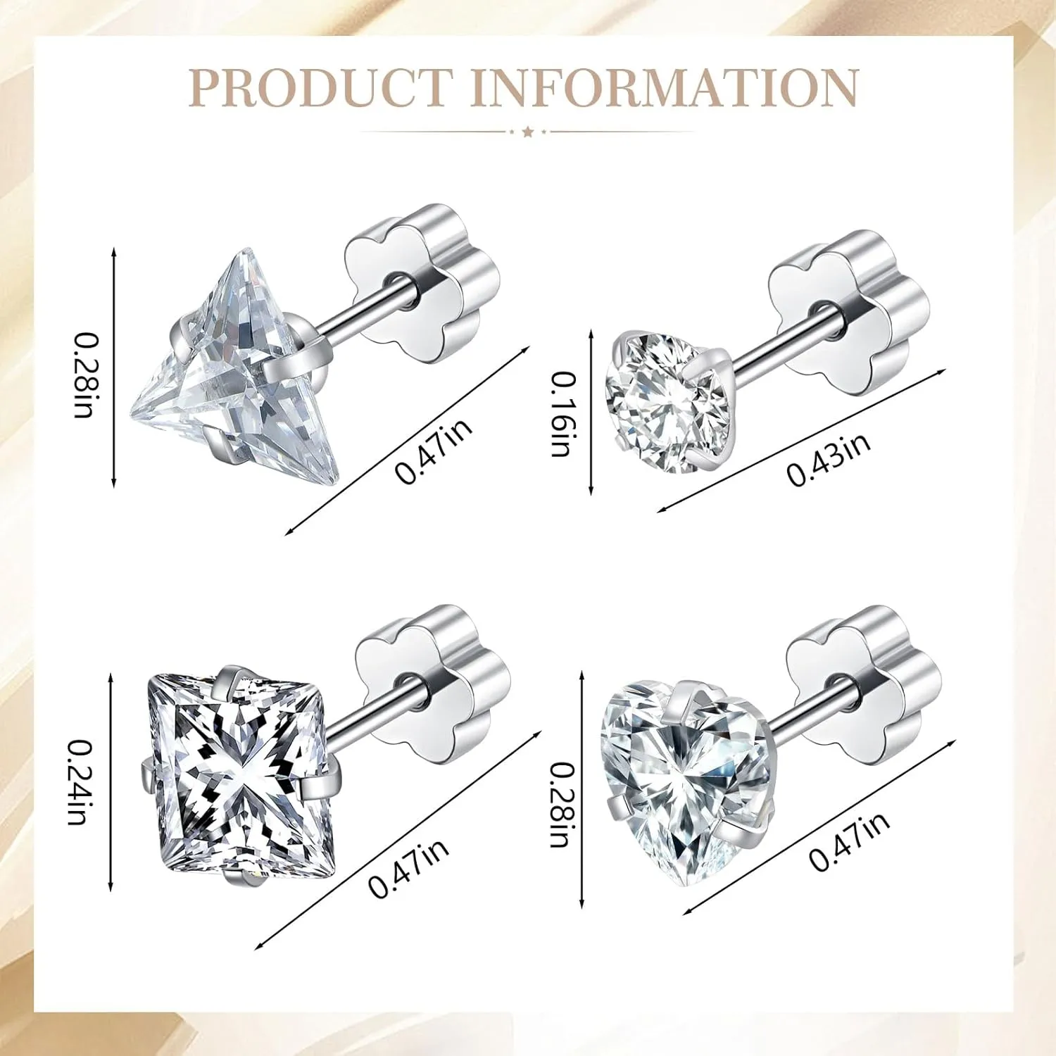 4 Pairs Flat Back Earrings for Women,14K Gold Plated Hypoallergenic Cartilage Earring for Sensitive Skin,CZ Screw Back Stud Earrings,Triangle/Heart/Star/Round Helix Earrings (style1)