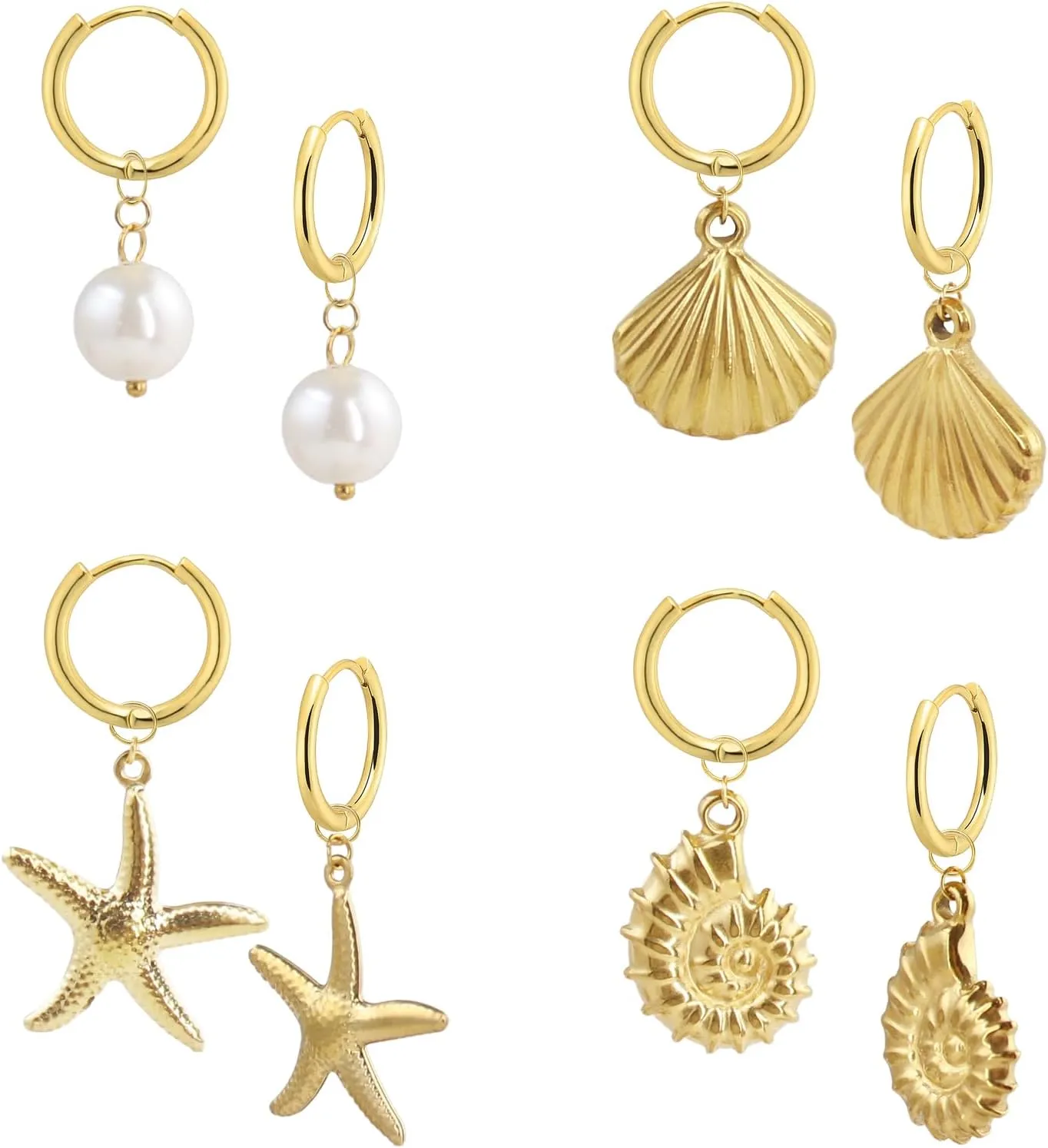 4 Pairs Gold Huggie Hoop Earrings for Women, 14K Real Gold Stainless Steel Summer Beach Jewelry Starfish/Pearl/Clam/Conch Dangle Hypoallergenic Earrings