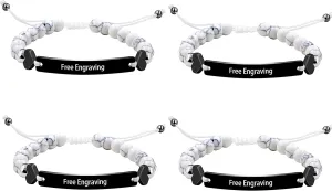 4 Pieces Customized Name ID Bracelets for Women Girls Best Friend, White Turquoise Stone Bracelets for Women Personalized Name with Black Stainless Steel Engraving Plate Y1451