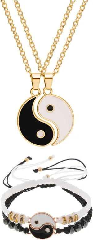 4 Pieces Matching Yin Yang Friend Couple Bracelets with Necklace Set, Yin Yang Taichi Couple Pendant Necklace Chain Adjustable Handmade Cord Relationship Bracelets for BFF Friendship