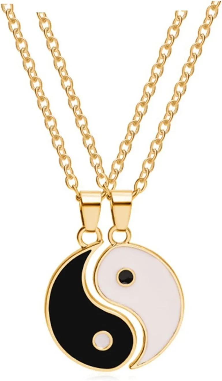 4 Pieces Matching Yin Yang Friend Couple Bracelets with Necklace Set, Yin Yang Taichi Couple Pendant Necklace Chain Adjustable Handmade Cord Relationship Bracelets for BFF Friendship