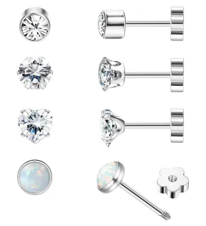4Pairs Hypoallergenic Flat Back Earrings for Women 14K Gold Cartilage Earring for Sensitive Skin CZ Opal Screw Back Nap Earrings for Helix Piercing Silver
