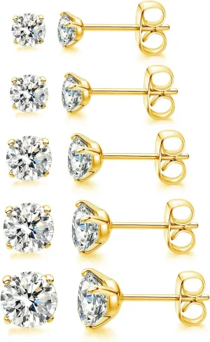 5/6 Pairs Stud Earrings Set Surgical Stainless Steel Hypoallergenic Earrings Cubic Zirconia 316L Round CZ Studs for Women and Men 3-8mm