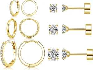 6 Pairs Sterling Silver Earrings Sets for Multiple Piercing Small Silver Huggie Hoop Flat Back Surgical Steel Tiny CZ Stud Earrings for Women Trendy Cartilage Hypoallergenic