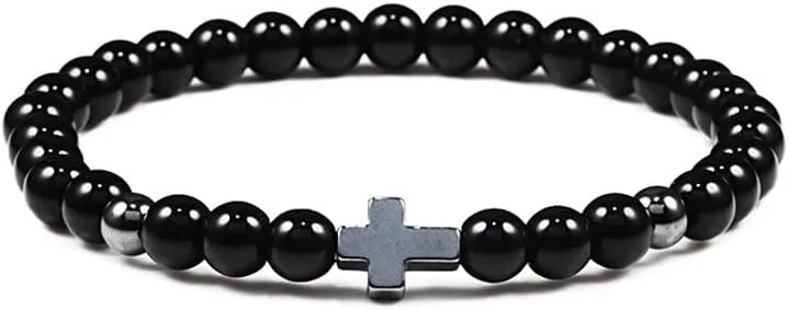 6mm 8mm Women Men Prayer Beaded Bracelet Hematite Cross Natural Wood Beads Lava Stone Onyx Meditation Bracelets Yoga Jewelry RK69I (6mm Black light)