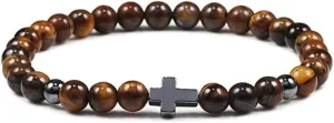 6mm 8mm Women Men Prayer Beaded Bracelet Hematite Cross Natural Wood Beads Lava Stone Onyx Meditation Bracelets Yoga Jewelry RK69I (6mm Tiger eye)