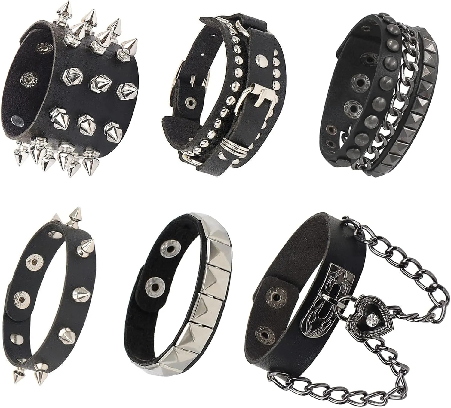 6Pcs Halloween PU Leather Bracelet Punk Goth Studded Spike Rivet Buckle Wristband Cuff Bangle Black Gothic Steampunk for Men Women Unisex 80s Cool Rock Style Adjustable Party Favors