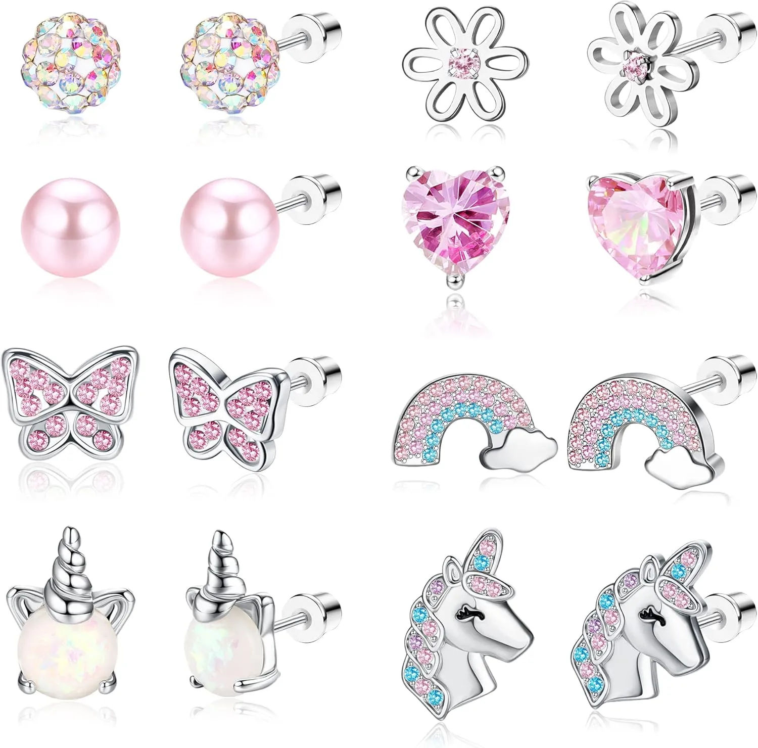 8 Pairs Cute Screw Back Earrings for Women Pink CZ Heart Unicorn Stud Earrings Stainless Steel Flower Butterfly Screwback Earrings Set