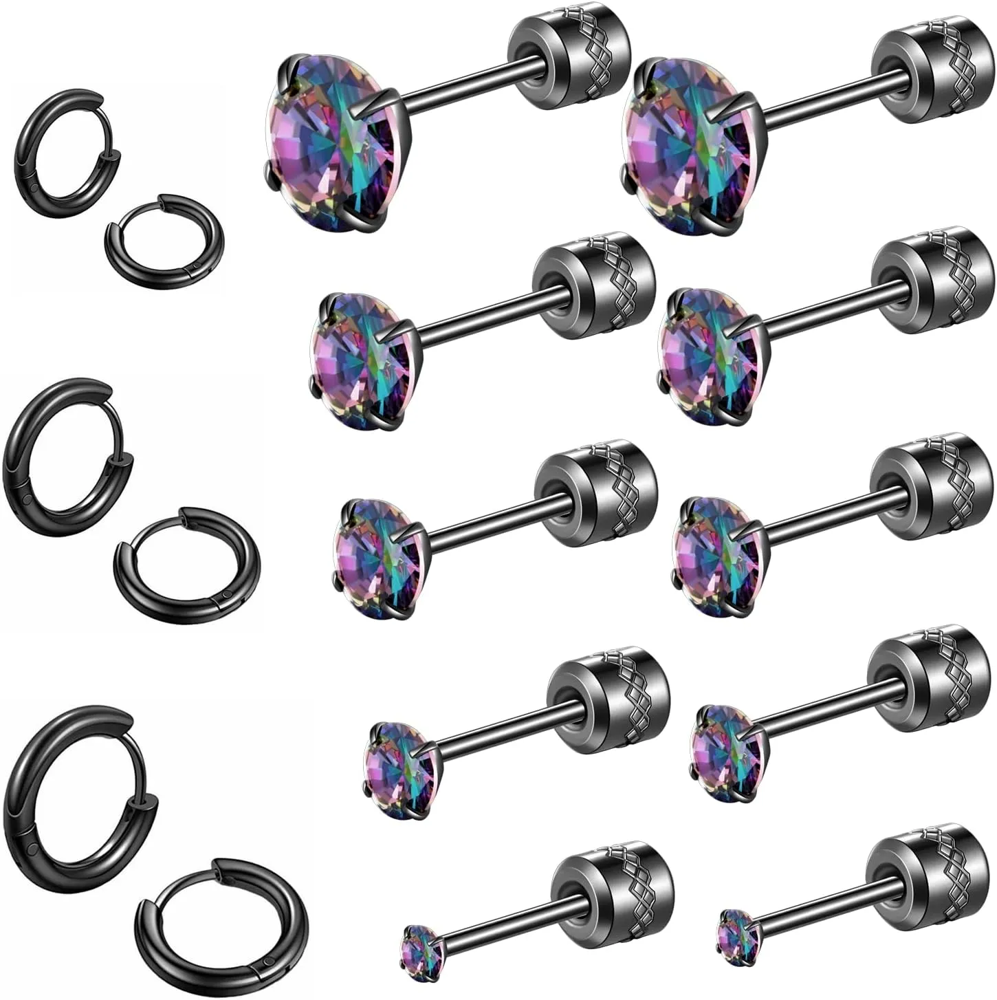 8 Pairs Titanium Flat Back Studs for Women Men,316L Surgical Stainless Steel Huggie Hoop Earrings Rainbow 5A Cubic Zirconia Helix Lobes Hinged Cartilage Piercing Sleeper Jewelry Set