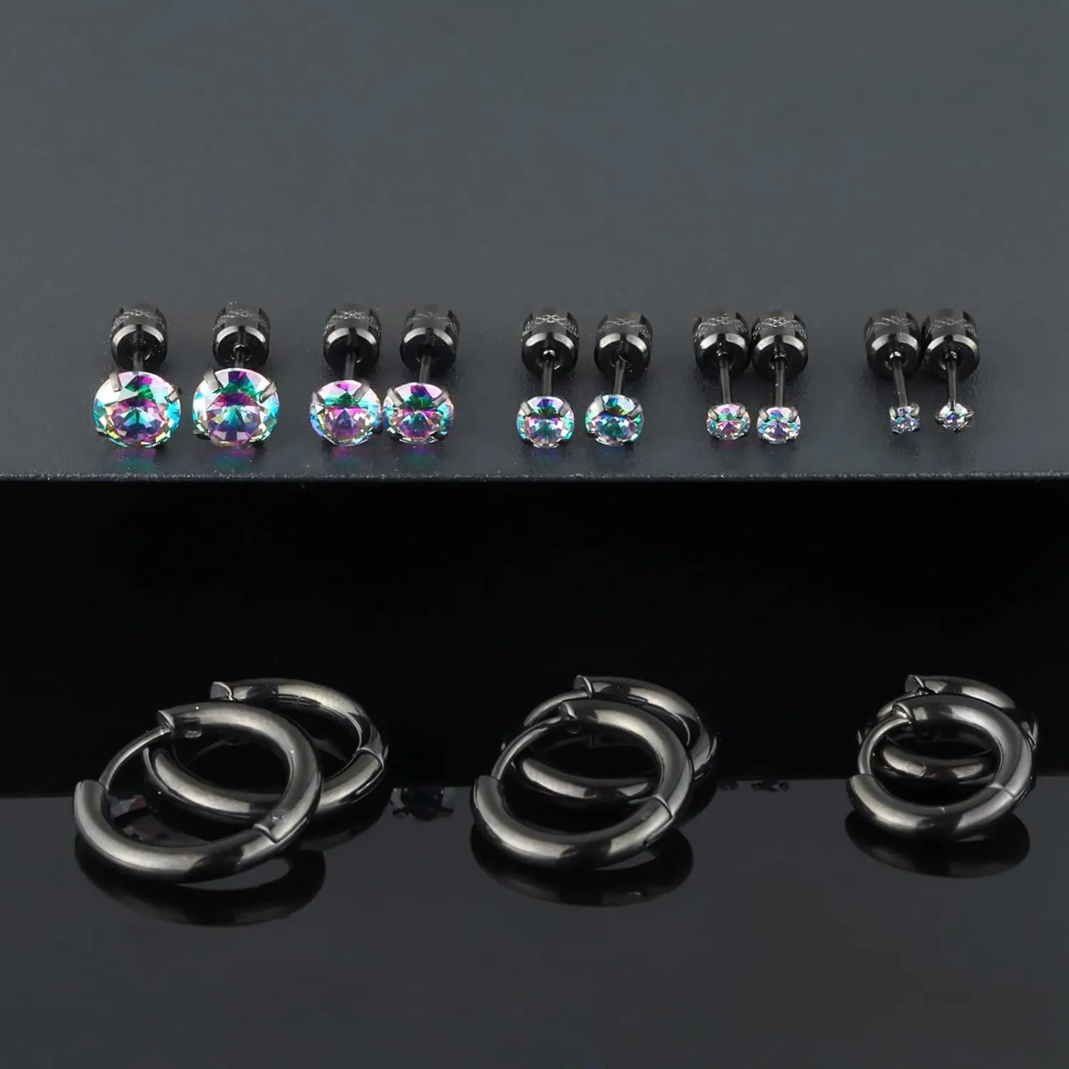 8 Pairs Titanium Flat Back Studs for Women Men,316L Surgical Stainless Steel Huggie Hoop Earrings Rainbow 5A Cubic Zirconia Helix Lobes Hinged Cartilage Piercing Sleeper Jewelry Set