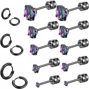 8 Pairs Titanium Flat Back Studs for Women Men,316L Surgical Stainless Steel Huggie Hoop Earrings Rainbow 5A Cubic Zirconia Helix Lobes Hinged Cartilage Piercing Sleeper Jewelry Set