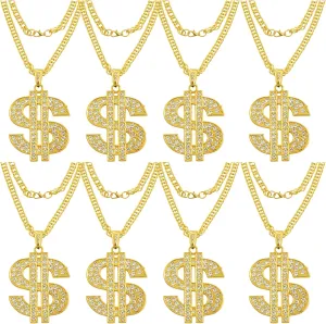 8 PCS Gold Plated Chain Dollar Necklace for Men with Dollar Sign Pendant Necklace Hip Hop Dollar Necklace