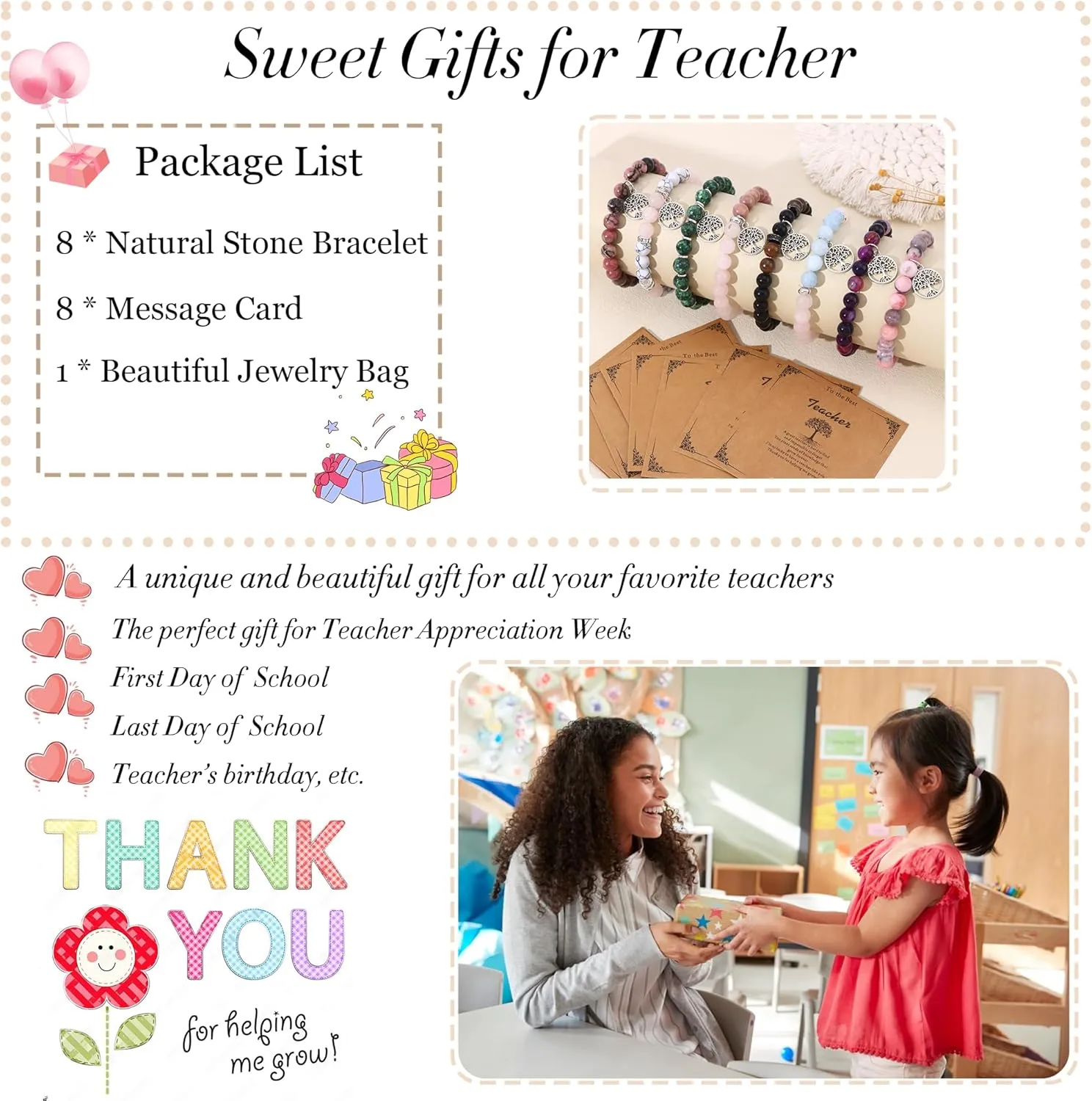 8Pcs Teacher Appreciation Gifts for Women men, Natural Stone Teacher Bracelets