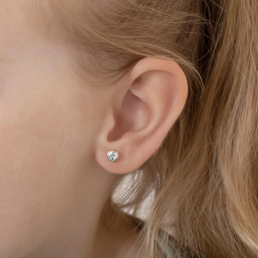 925 Sterling Silver 5mm Girls CZ Heart Earrings Simulated Birthstone Bezel with Screw Back Stud Baby Earrings - Safety Screw Back for Toddlers - Quality Heart Cubic Zirconia Earrings for Kids