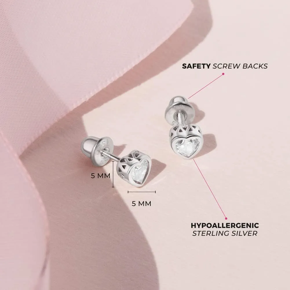 925 Sterling Silver 5mm Girls CZ Heart Earrings Simulated Birthstone Bezel with Screw Back Stud Baby Earrings - Safety Screw Back for Toddlers - Quality Heart Cubic Zirconia Earrings for Kids